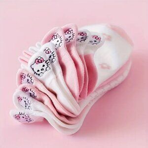 6 Pairs Sanrio Hello Kitty Cartoon Pattern Socks, 100% Polyester Knit Fabric,